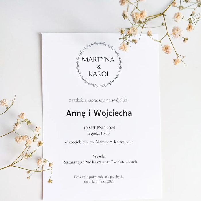 Zaproszenia ślubne na ślub minimalistyczne jedno kartkowe