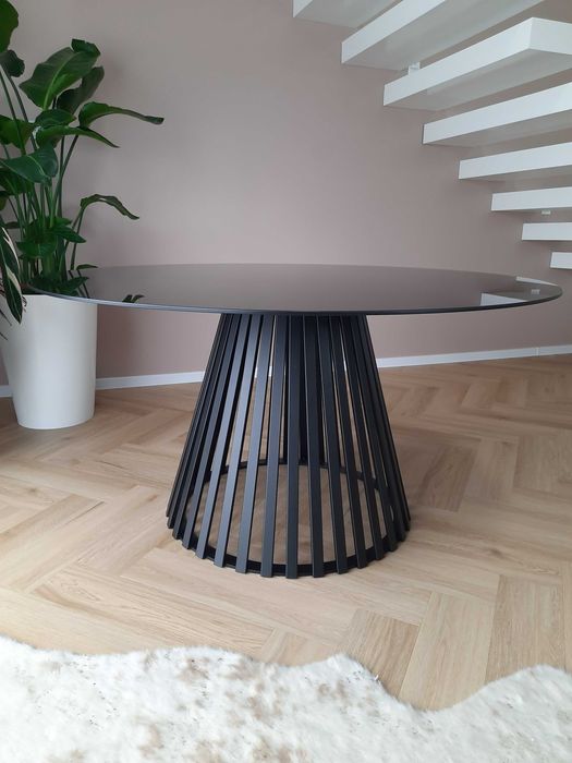 OKRĄGŁY Stół Szklany Loft Industrialny średnica 140 cm 8 osób Czarny