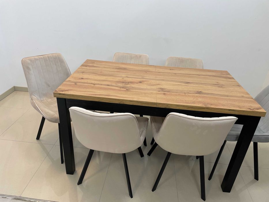 (588) Stół rozkładany + 6 krzeseł, loft, nowy 1550 zł