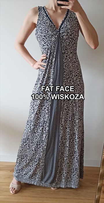 Sukienka maxi Fat Face biało granatowa kwiaty ornament