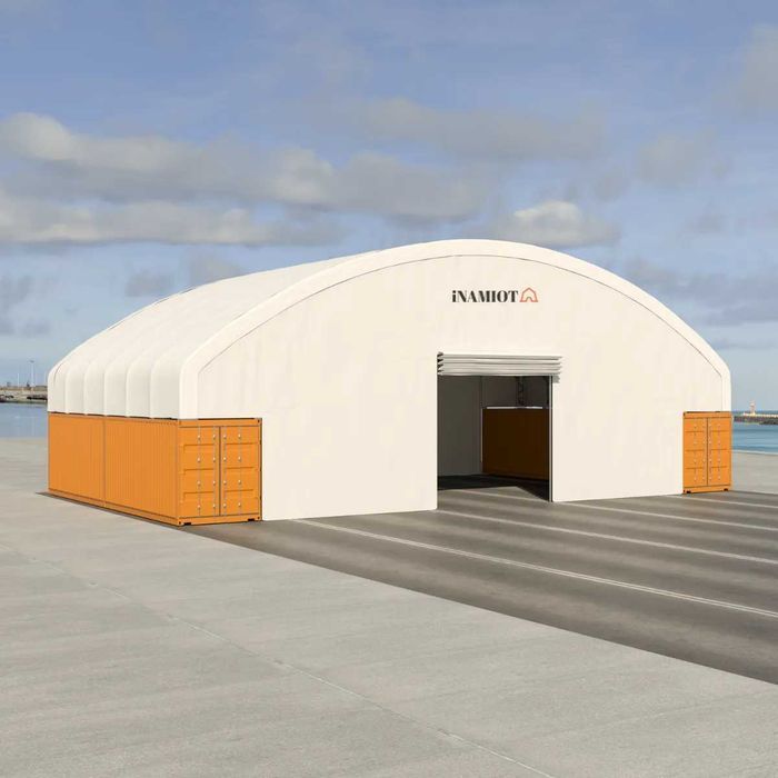 Zadaszenie kontenerowe 21×12 m, montaż na zewnętrznych krawędziach!