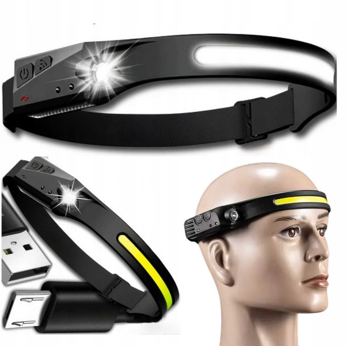 Mocna Latarka Czołowa 1 LED Na Głowę COB Czujnik Ruchu USB