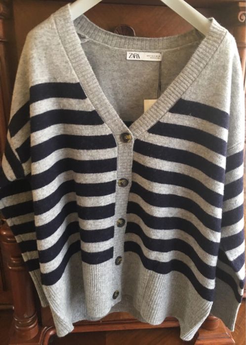 ZARA Sweter szary rozpinany kardigan w paski oversize 100 % wełna M
