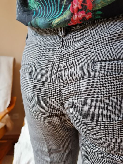 Spodnie męskie zimowe ciepłe w kratę grube czarno-białe pull&bear