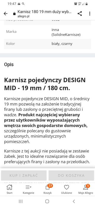 Karnisz pojedynczy czarny na przelotki 19mm/ 180 cm NOWY