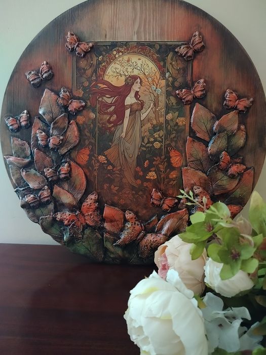 Ręcznie wykonany obraz na desce, panel dekoracyjny z ceramiką