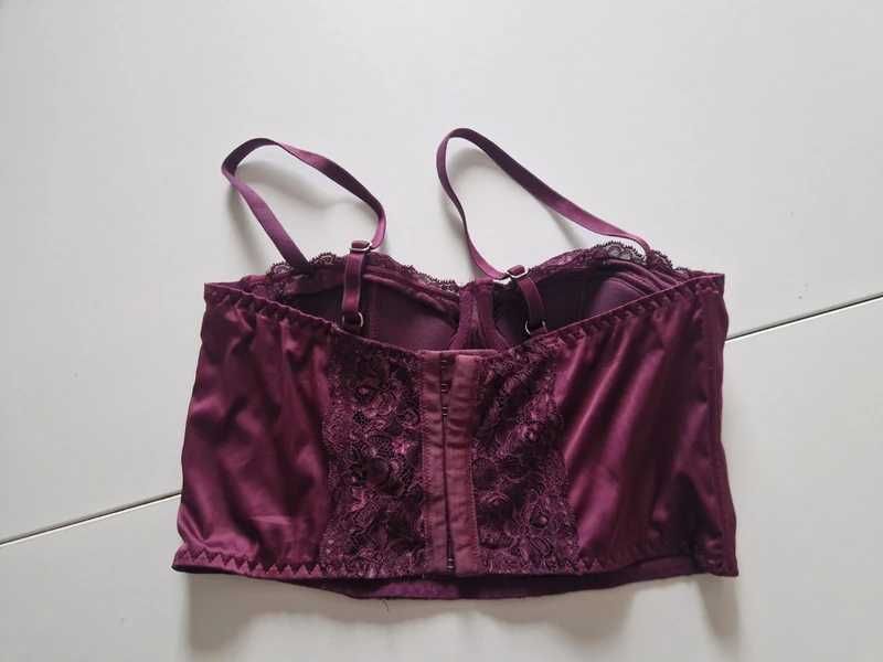 Gorset bralet bielizna 70B koronkowa śliwkowa satynowa Stanik