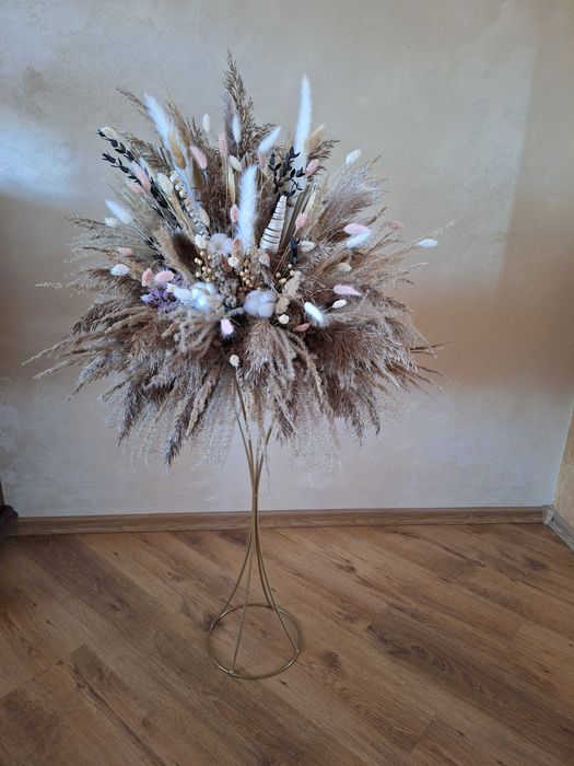 Stojak kwiaty na stół weselny boho suszone trawy