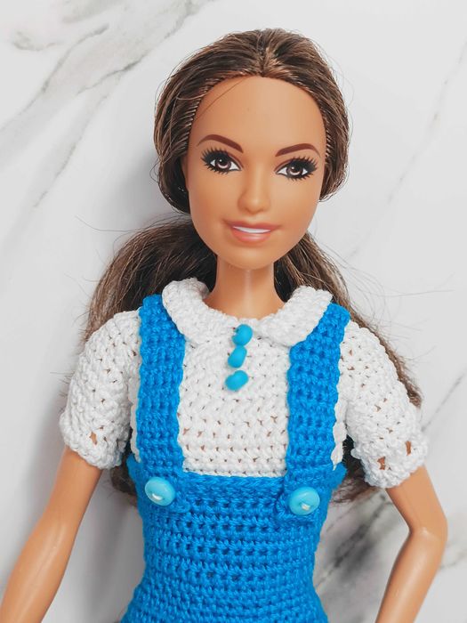 Ubranka dla lalek Barbie - Sukienka ogrodniczka 2 w 1, niebieski dół, biała góra