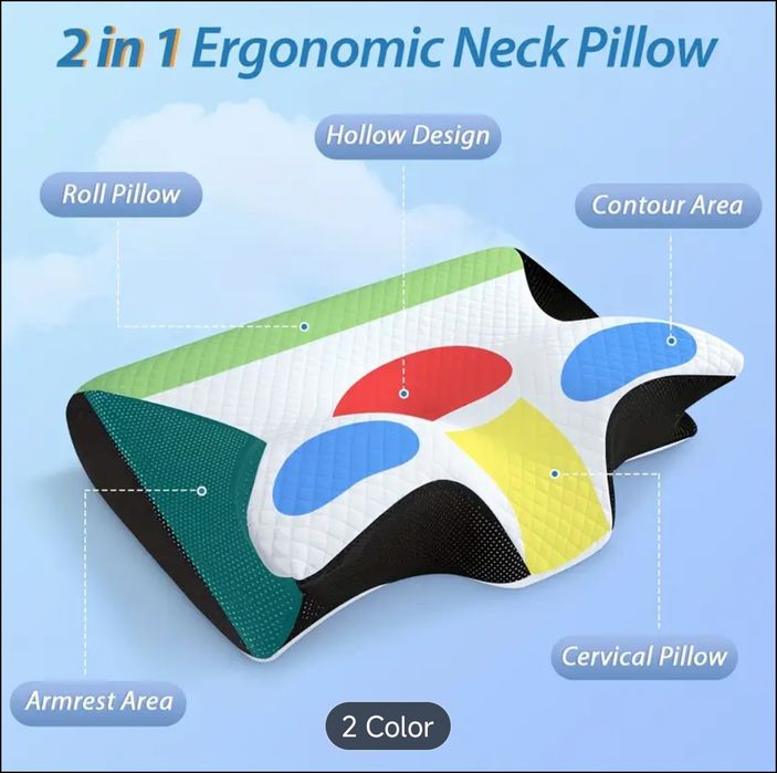Travesseiro de Pescoço Viscoelástico, Ortopédico Ergonómico 2em1