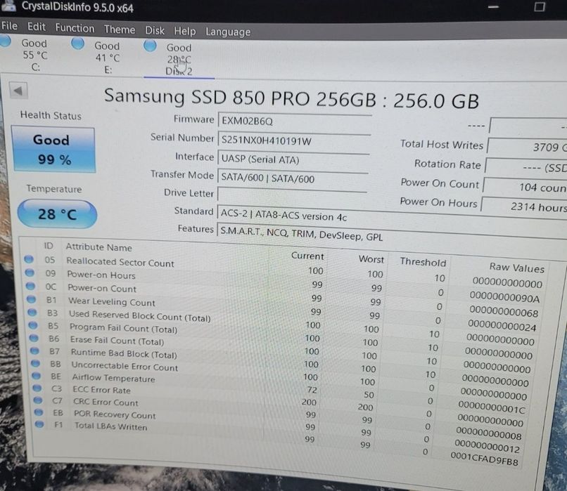 Ssd Samsung  850 pro 256gb 99%