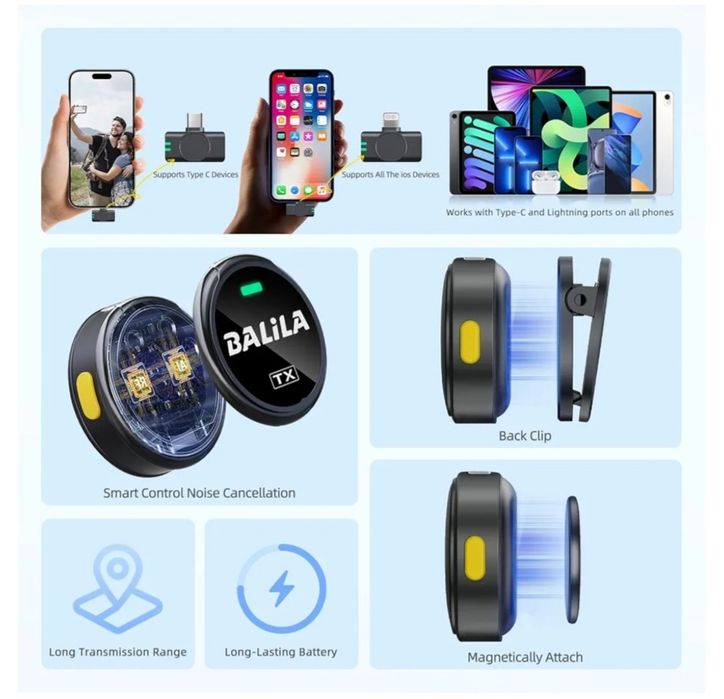 Microfone de lapela sem fio BALILA para iPhone e Android