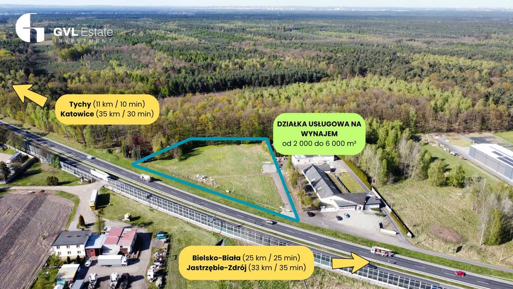 Działka usługowa 2000-6000 m² przy trasie DK1 - Ogrodzona i oświetlona - Widok 2