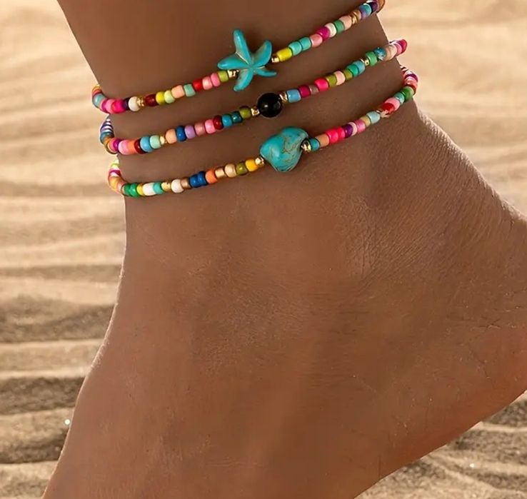 Nowy komplet zestaw 3 sztuki bransoletki na kostkę koraliki kolorowe