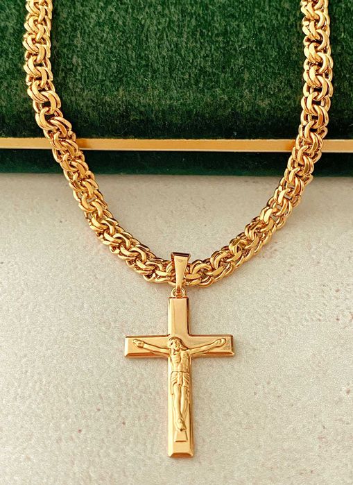 Позолоченная Цепочка "Плетение Бисмарк" + Крестик, Цепь. Позолота