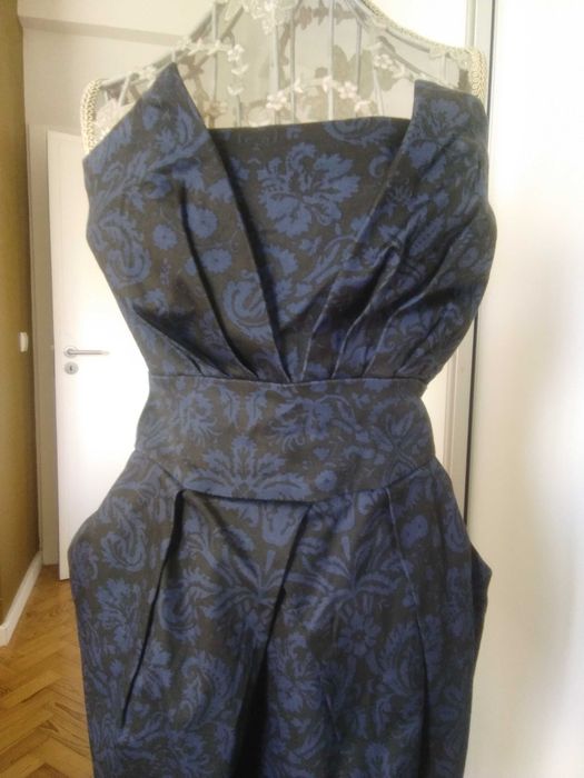 Vestido romântico cai-cai, azul e preto, Tamanho L