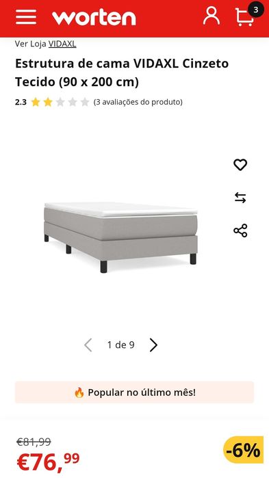 Cama Solteiro 90x200 - tecido macio ao toque
Estrutura de cama VIDAXL Cinzeto Tecido (90 x 200 cm)