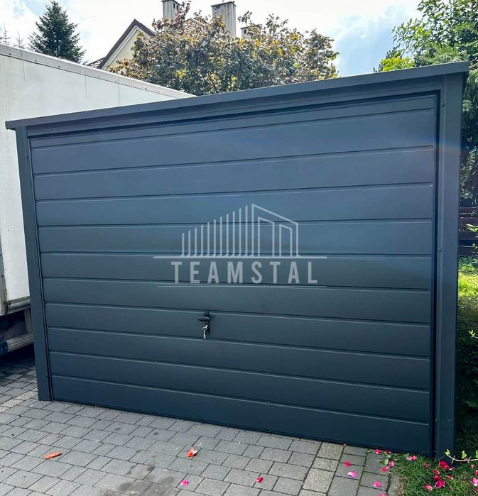 Garaż Blaszany 3m x 5m spad tył - Brama + drzwi antracyt 3x5 TS492