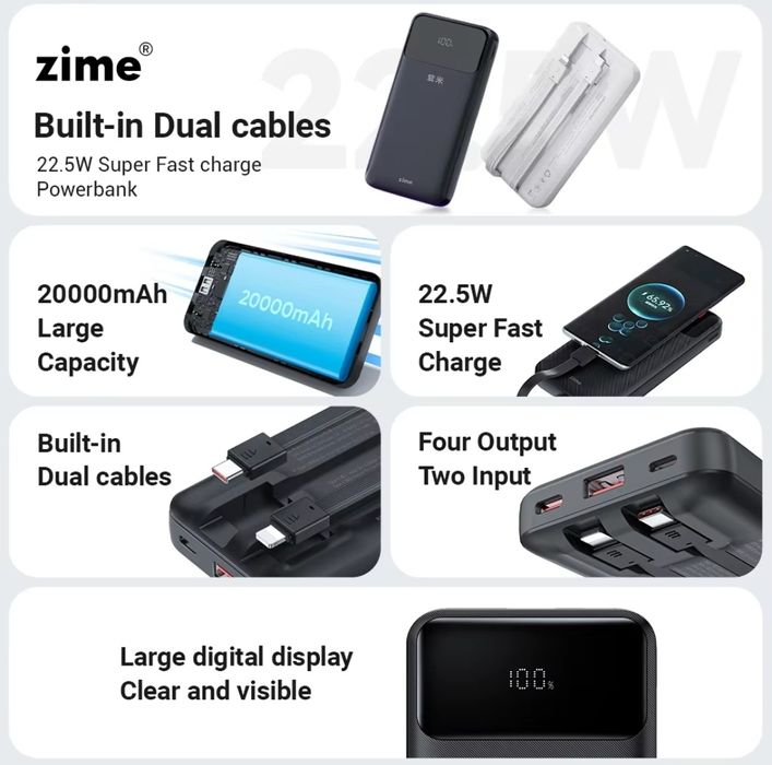 Павербанк ZIME 20000mAh 22.5W, type-c, lightning, конкурент baseus...
