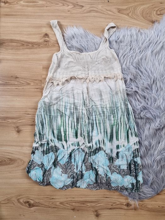 Beżowo-zielona sukienka boho z dzianinową górą – Rozmiar S/M