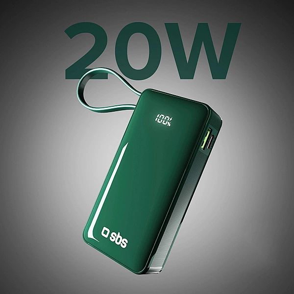Powerbank SBS 10000 mAh 20W z wbudowanym kablem USB-C i wyświetlaczem