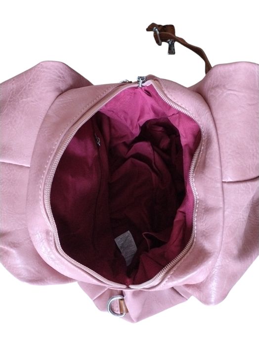 Modny Plecak Damski Worek na Ramię, 6 Kieszeni, Różowy, Ekoskóra