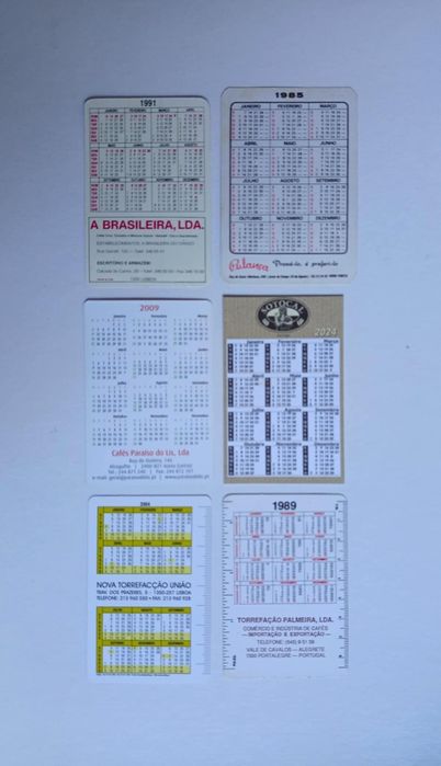 Conjunto de 6 calendários de marcas de café, Lotus, Sotocal, Polanca,