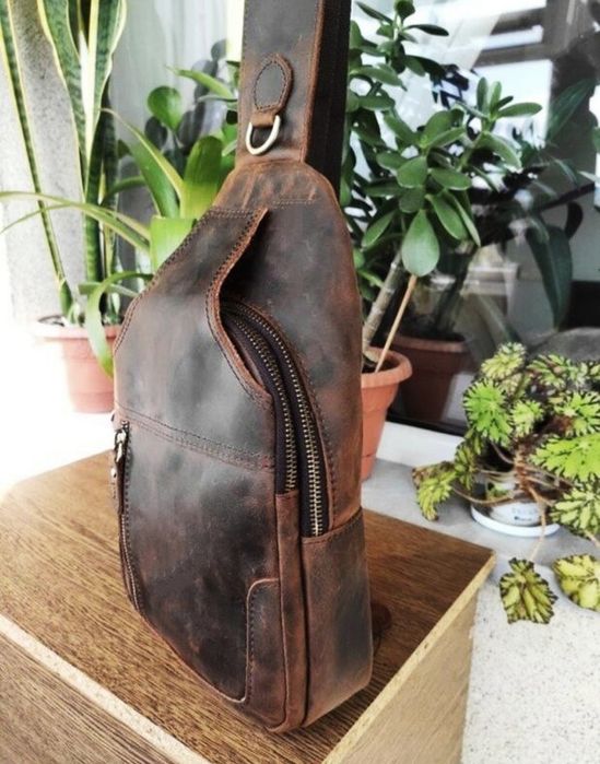 Сумка Слинг мужская. Кожа (Crezy Horse). Dark Brown.