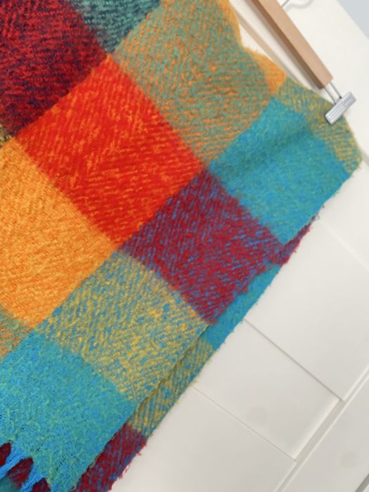 Szal duży koc 2 metry krata frędzle ciepły z dodatkiem wełny welniany