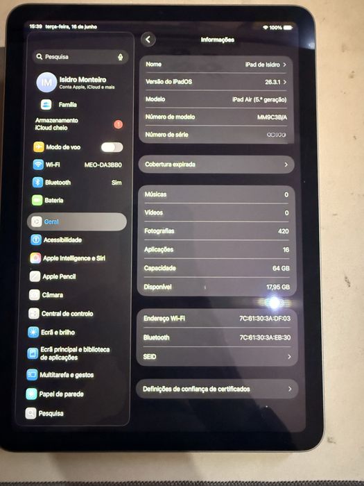iPad Air 5 64GB Como Novo