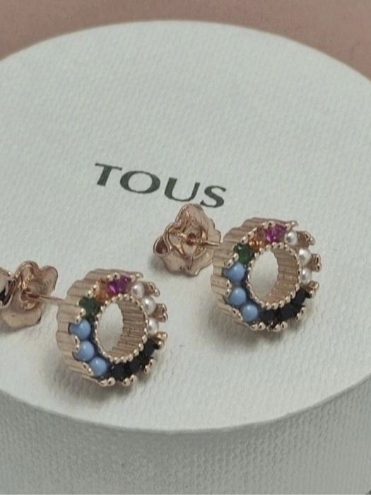 Kolczyki z misiem małe obręcze 1 cm różowe srebro vermeil