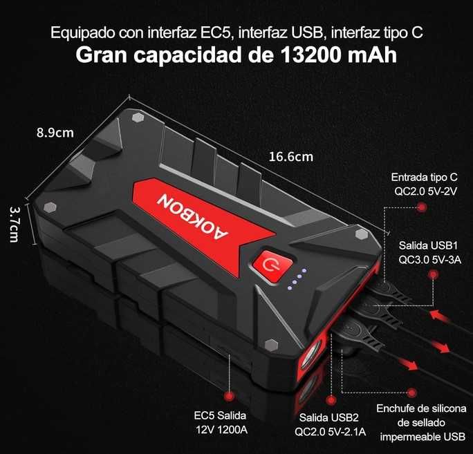Booster Arrancador de Carro, Barco, Trator, 12v 1200A, PowerBank