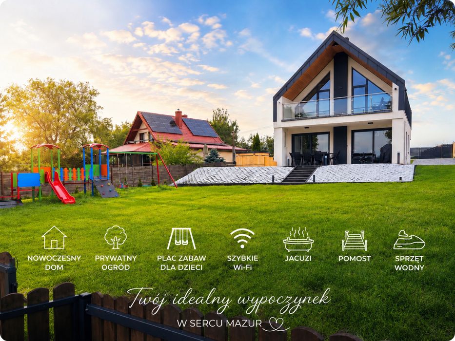 Mazury Premium | Prywatny pomost | 5 Sypialni | Jacuzzi | Sprzet Wodny | Plaża  | Dom Mazury