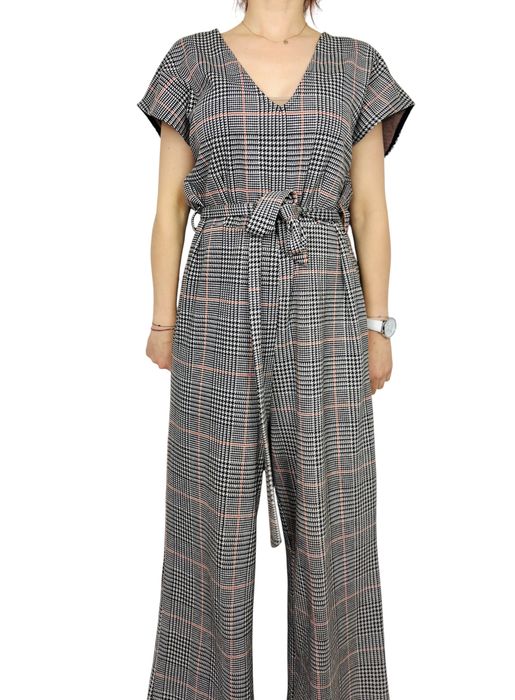 Kombinezon w kratę z paskiem w talii XXL 44