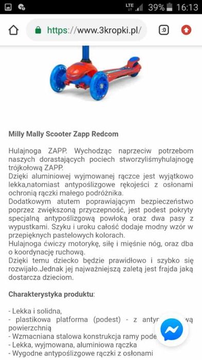 Hulajnoga trójkołowa Milly Molly świecąca