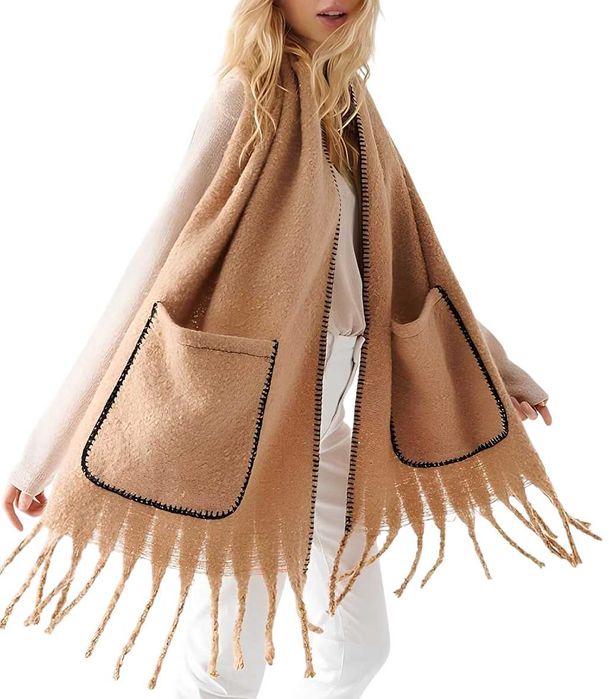 2409 Ciepły Damski Szal Szalik Zimowy Długi MAVI Z Frędzlami Kieszenie