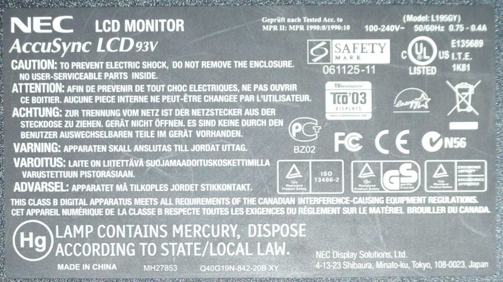 Monitor LCD NEC AccuSync 93V 19''