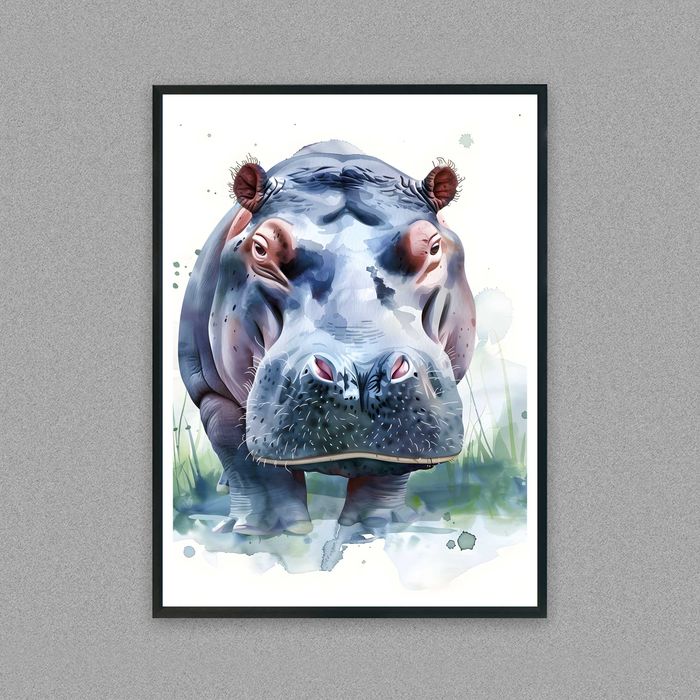 plakat akwarela hipopotam, kolorowy plakat do salonu grafika hipopotam