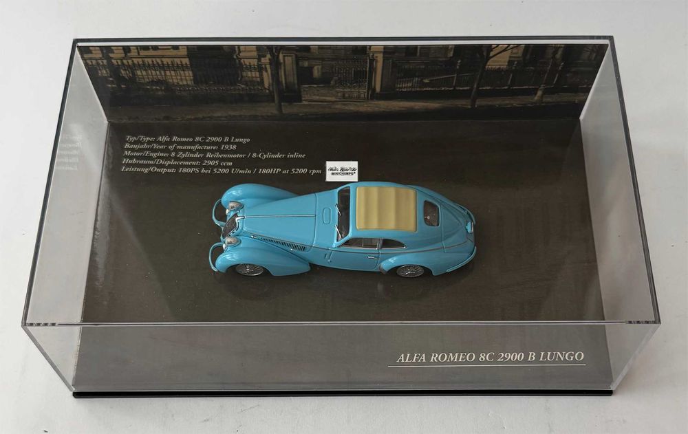 Minichamps 1938 ALFA ROMEO 8C 2900 B Lungo. Esc.:1/43. Cor: azul claro. Completo e como novo.
