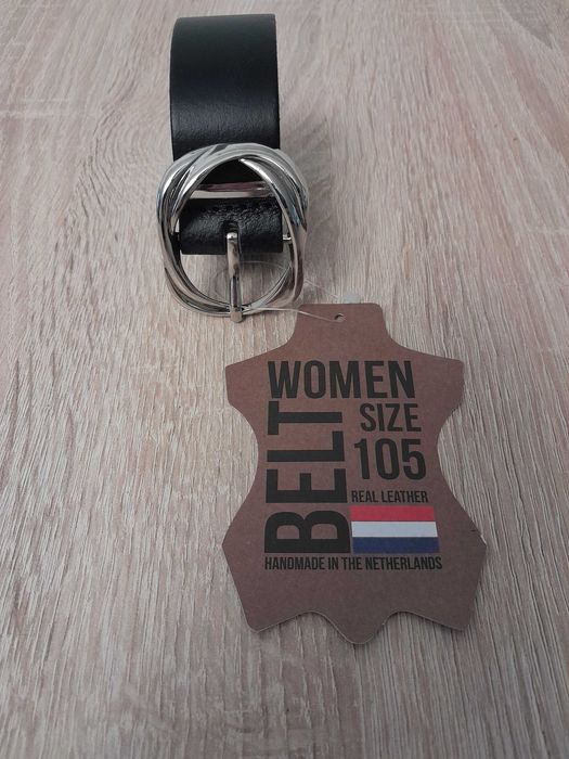 Skórzany pasek damski z Holandii, czarny_gładki_105 cm_ kl. srebrna