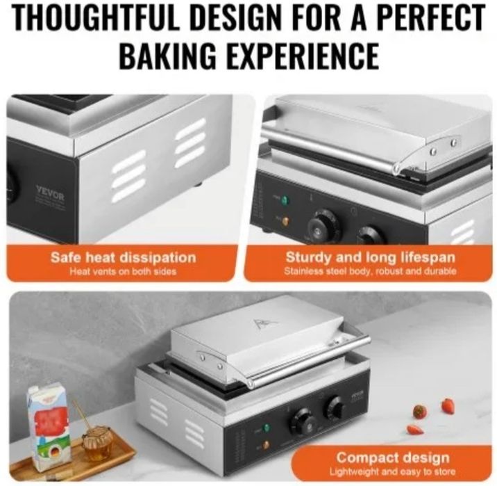 Máquina de Waffles Comercial VEVOR, 10 Unidades, Retangular, 1550W