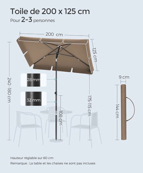 Parasol SONGMICS 200 x 125 cm – regulowany, składany, UPF 50+