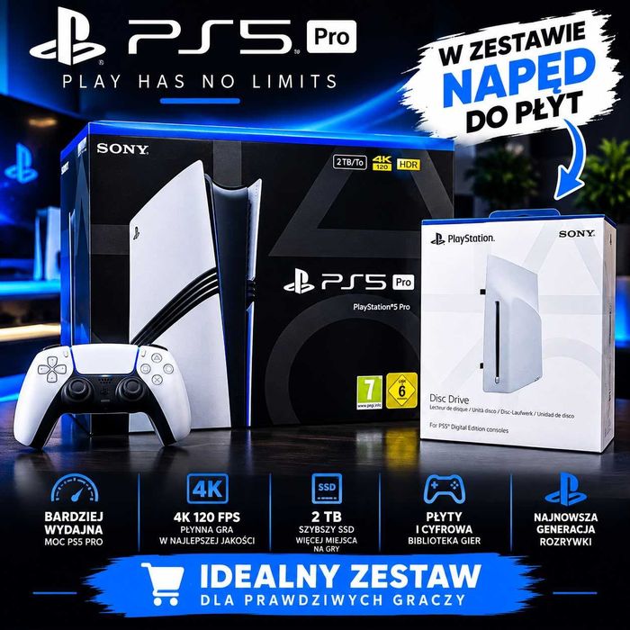Konsola Sony PlayStation PS5 Pro 2TB + Oryginalny Napęd Disc Drive – kompletny zestaw