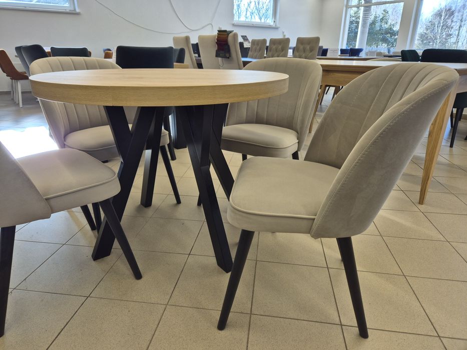 Stół okrągły rozsuwany do 200cm + 4 krzesła tapicerowane od ręki