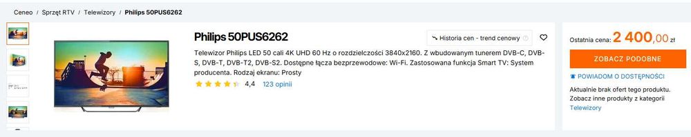 Smart TV Telewizor 50 cali Philips 50PUS6262 4K UHD  ambilight