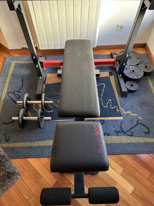 Home Gym Completo | Bench 900 + Rack + Barra + 76kg Discos + Halteres | Como Novo