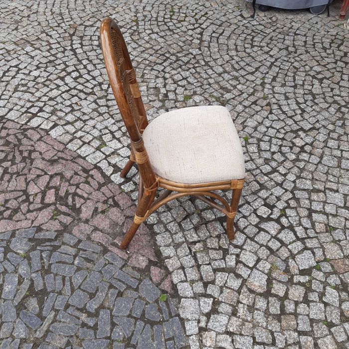 Stolik okrągły rattanowy szklany blat, rattan naturalny + 4 krzesła