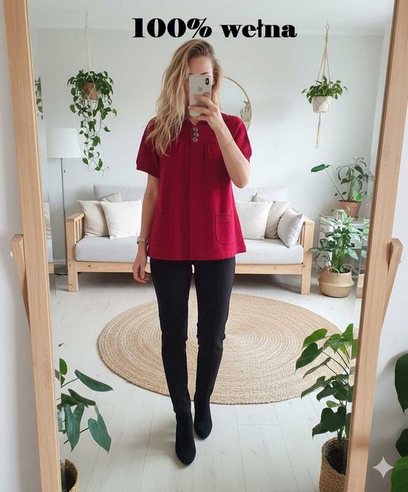 wełniany czerwony sweter kamizelka bezrękawnik 100% wełna L oversize