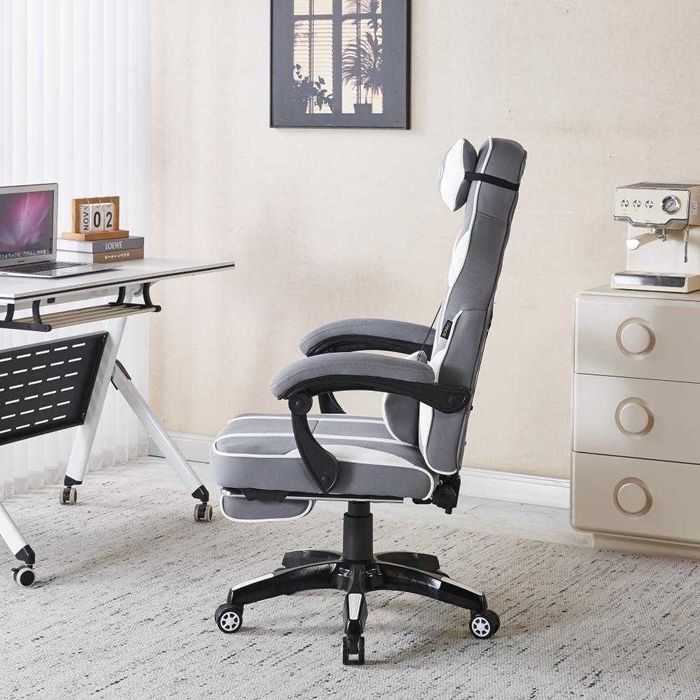 Крісло геймерське з тканини біло-сіре з підставкою / Кресло геймерское