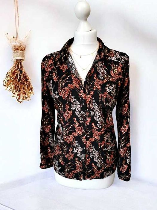 Czarna Koszula Jesienne Kwiaty Floral Liście Boho Hippie Retro Wiskoza